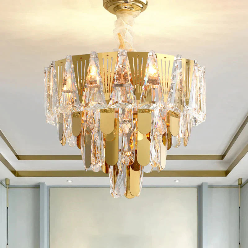 Triangle Chandelier Modernism Metallic 7 - Light Gold Hanging Ceiling Light With Crystal Icicle / A