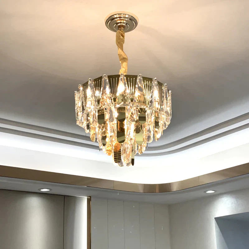 Triangle Chandelier Modernism Metallic 7 - Light Gold Hanging Ceiling Light With Crystal Icicle