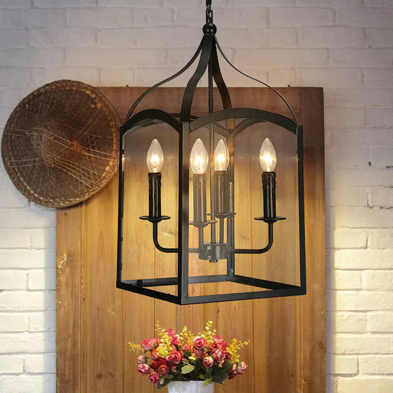 Wire Cage Indoor Chandelier Pendant Light Industrial Style Metal 4 Heads Black Hanging Lamp With