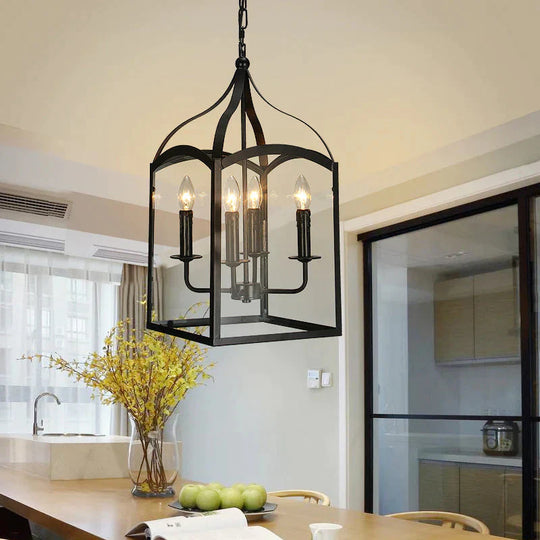 Wire Cage Indoor Chandelier Pendant Light Industrial Style Metal 4 Heads Black Hanging Lamp With