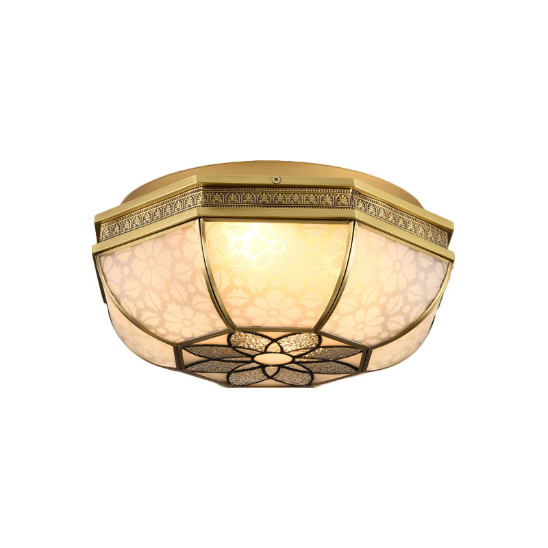 Colonial - Style Beveled Ceiling Mounted Light - 4 - Bulb Opaque Glass Flush Mount Fixture In Brass