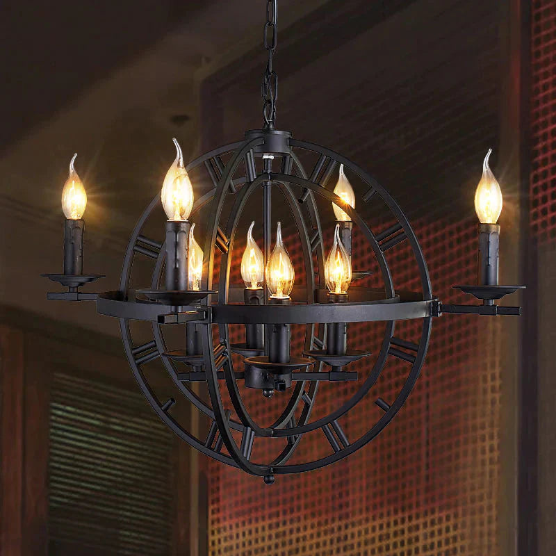 Wrought Iron Orbit Chandelier Light Fixture Industrial Style 8 Bulbs Antique Bronze Suspension Lamp