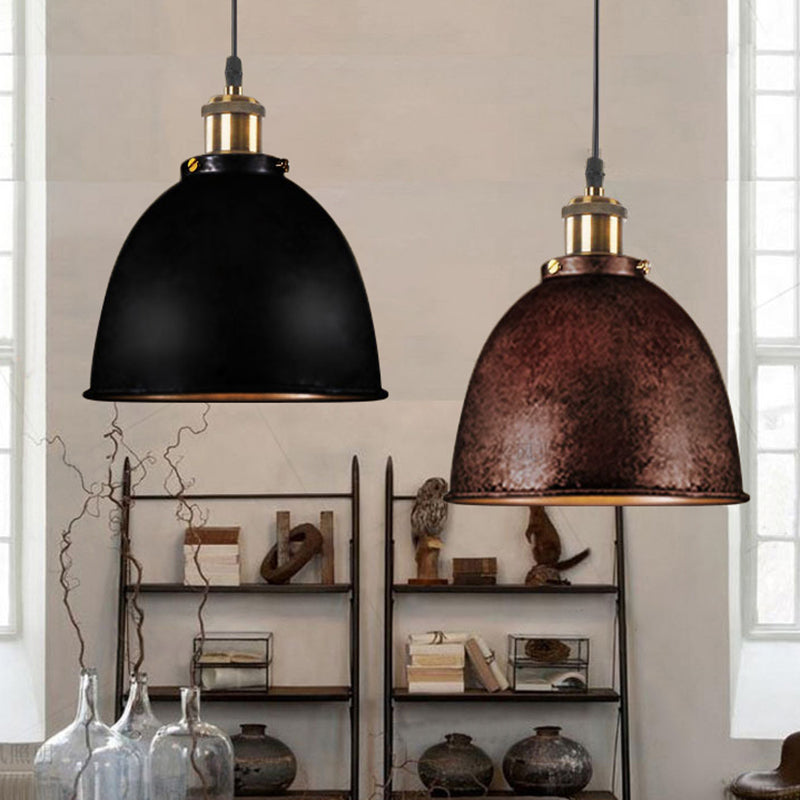 Lonie - Antique Style Dome Pendant Lamp 1 Light Wrought Iron Hanging Fixture With Cord In Black/Rust