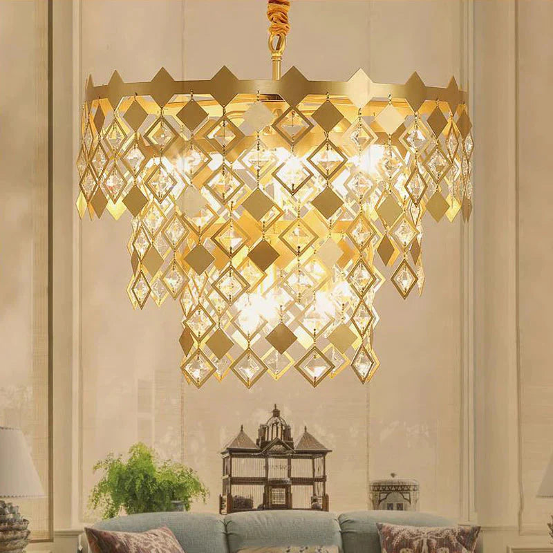 3 Tiers Dining Room Chandelier Light K9 Crystal 6 Heads Postmodern Pendant Fixture In Gold