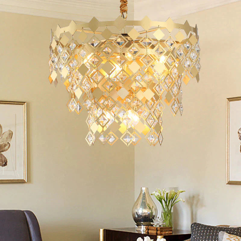 3 Tiers Dining Room Chandelier Light K9 Crystal 6 Heads Postmodern Pendant Fixture In Gold
