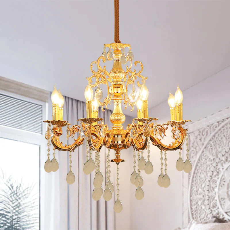 Contemporary Candle Chandelier Lamp Crystal 6/8 Lights Bedroom Pendant Light Fixture In Gold