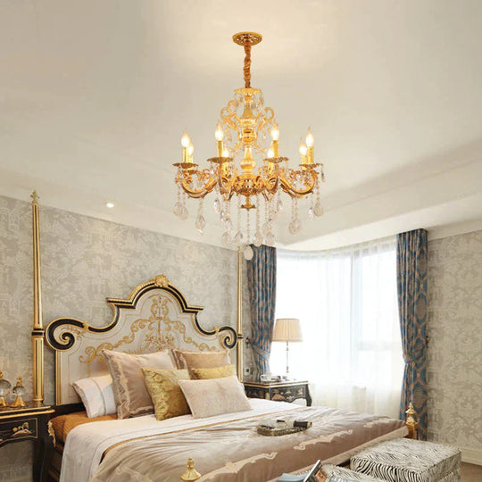 Contemporary Candle Chandelier Lamp Crystal 6/8 Lights Bedroom Pendant Light Fixture In Gold