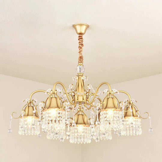 Gold Bell Chandelier Minimalist 7/9 Lights Crystal Beaded Strand Hanging Lamp Kit For Living Room