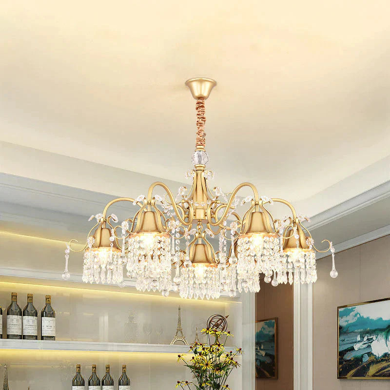 Gold Bell Chandelier Minimalist 7/9 Lights Crystal Beaded Strand Hanging Lamp Kit For Living Room