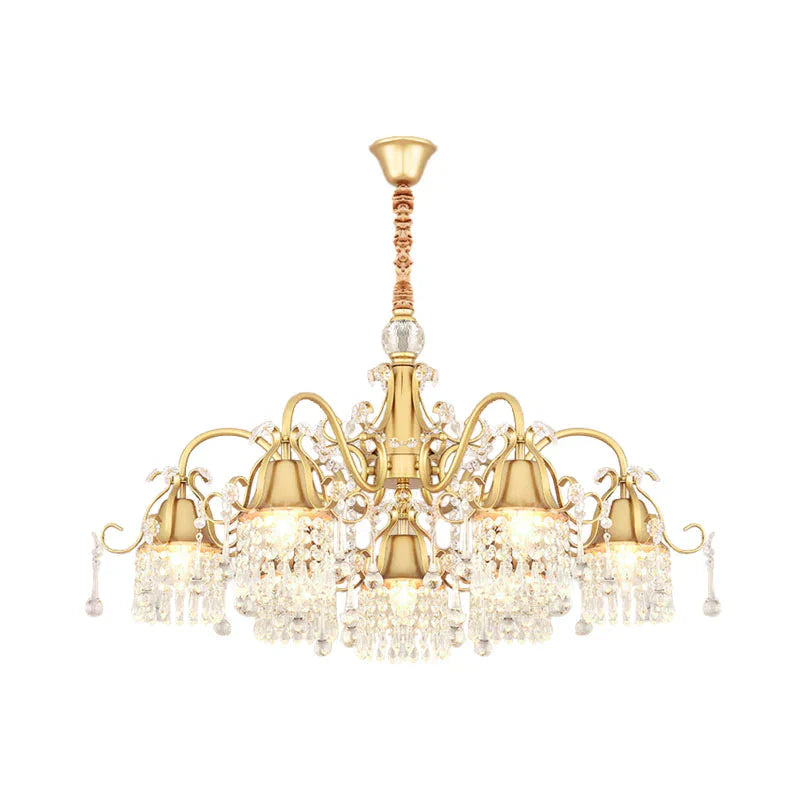 Gold Bell Chandelier Minimalist 7/9 Lights Crystal Beaded Strand Hanging Lamp Kit For Living Room