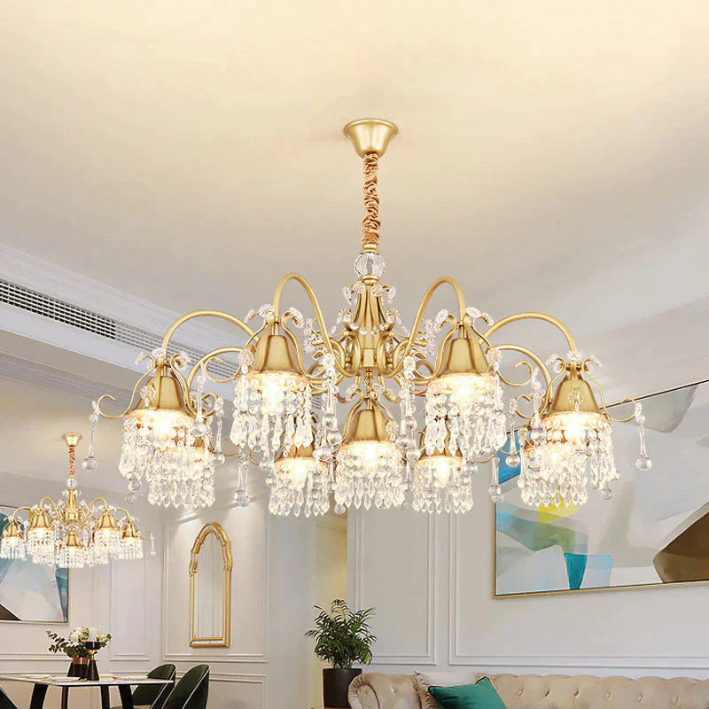 Gold Bell Chandelier Minimalist 7/9 Lights Crystal Beaded Strand Hanging Lamp Kit For Living Room