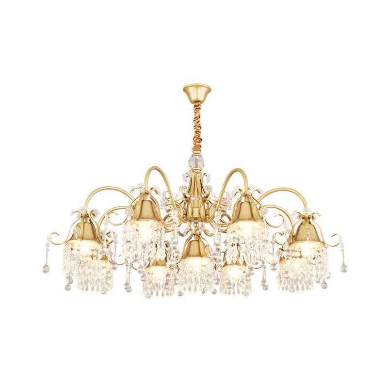 Gold Bell Chandelier Minimalist 7/9 Lights Crystal Beaded Strand Hanging Lamp Kit For Living Room