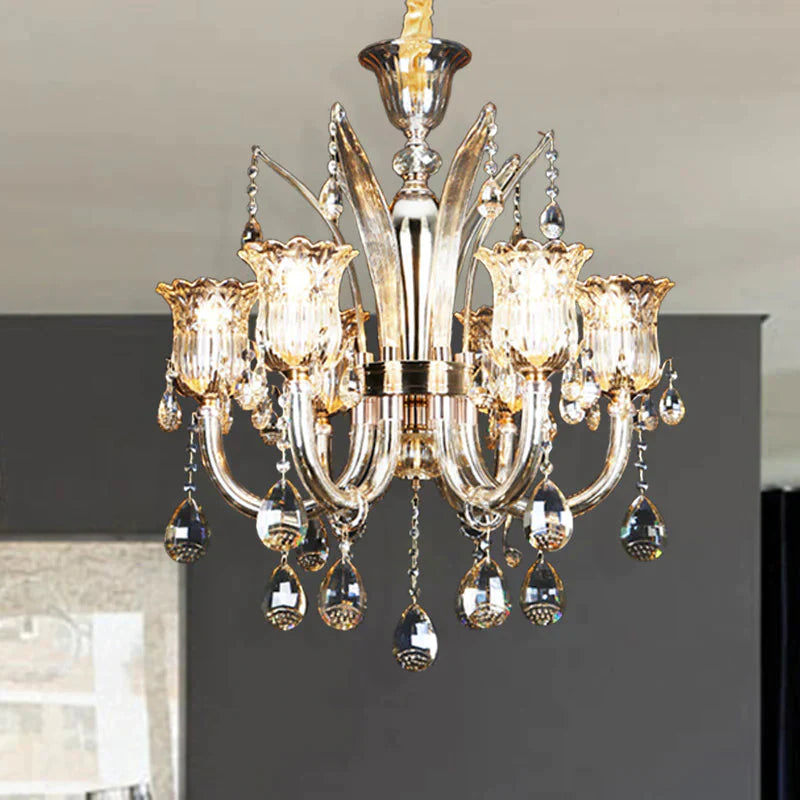 Bell Living Room Chandelier Lamp Traditional Crystal Drop 6/8 Lights Chrome Hanging Ceiling Light