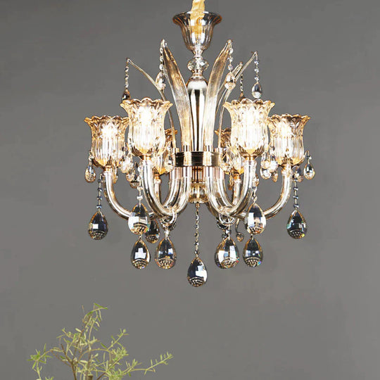 Bell Living Room Chandelier Lamp Traditional Crystal Drop 6/8 Lights Chrome Hanging Ceiling Light