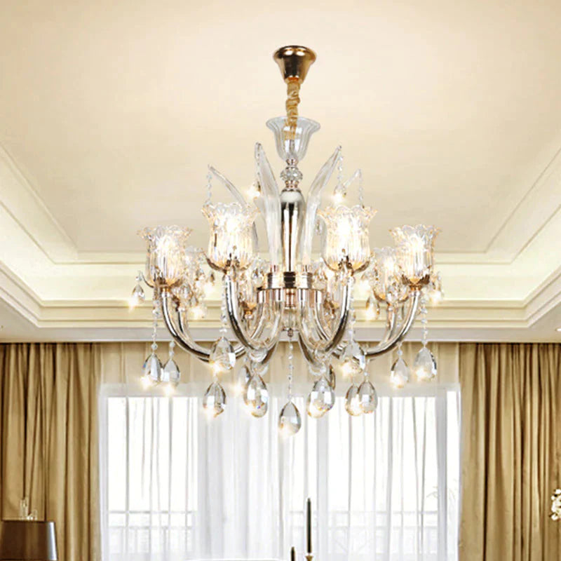 Bell Living Room Chandelier Lamp Traditional Crystal Drop 6/8 Lights Chrome Hanging Ceiling Light