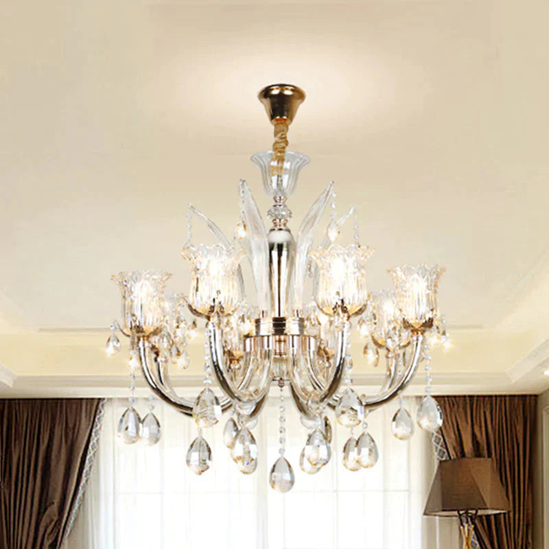 Bell Living Room Chandelier Lamp Traditional Crystal Drop 6/8 Lights Chrome Hanging Ceiling Light