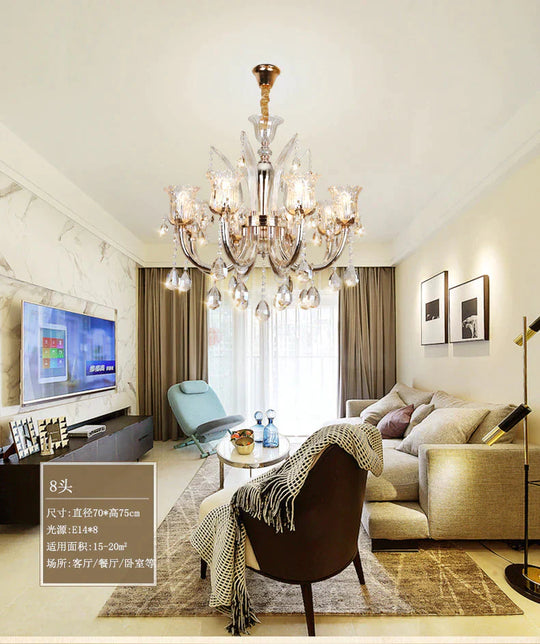 Bell Living Room Chandelier Lamp Traditional Crystal Drop 6/8 Lights Chrome Hanging Ceiling Light
