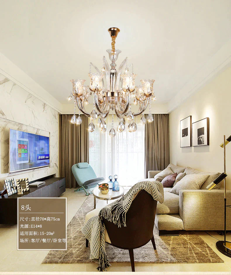 Bell Living Room Chandelier Lamp Traditional Crystal Drop 6/8 Lights Chrome Hanging Ceiling Light 8