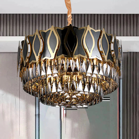 Black Round Chandelier Pendant Light Modernism 9 Lights Rectangle - Cut Crystal Suspension