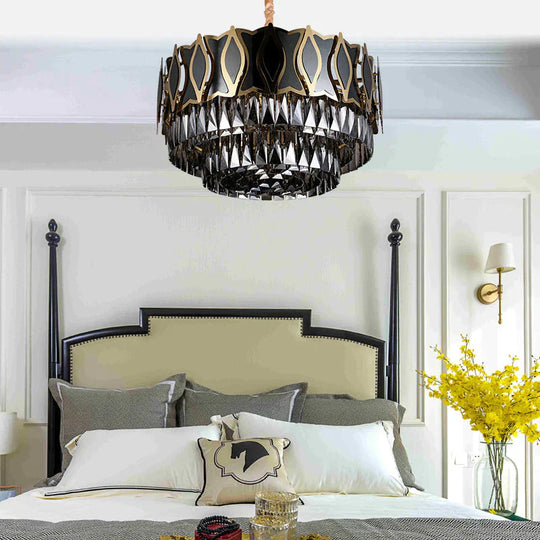 Black Round Chandelier Pendant Light Modernism 9 Lights Rectangle - Cut Crystal Suspension