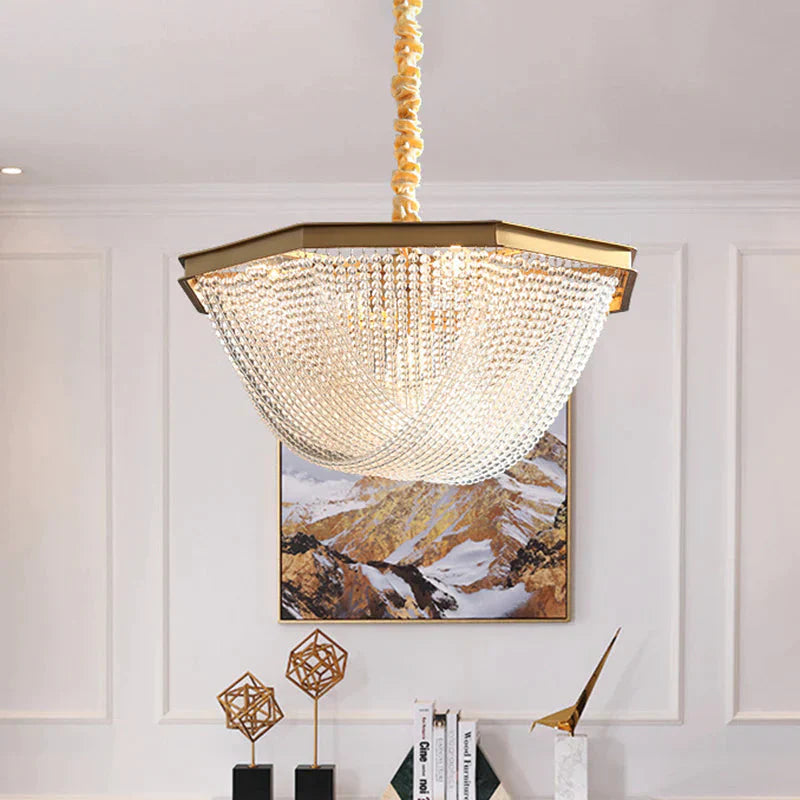 Dome Chandelier Lighting Fixture Postmodern Crystal Strand 5/6 Lights Gold Hanging Lamp