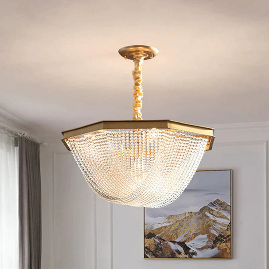 Dome Chandelier Lighting Fixture Postmodern Crystal Strand 5/6 Lights Gold Hanging Lamp