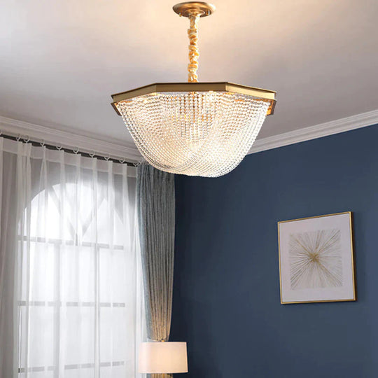Dome Chandelier Lighting Fixture Postmodern Crystal Strand 5/6 Lights Gold Hanging Lamp