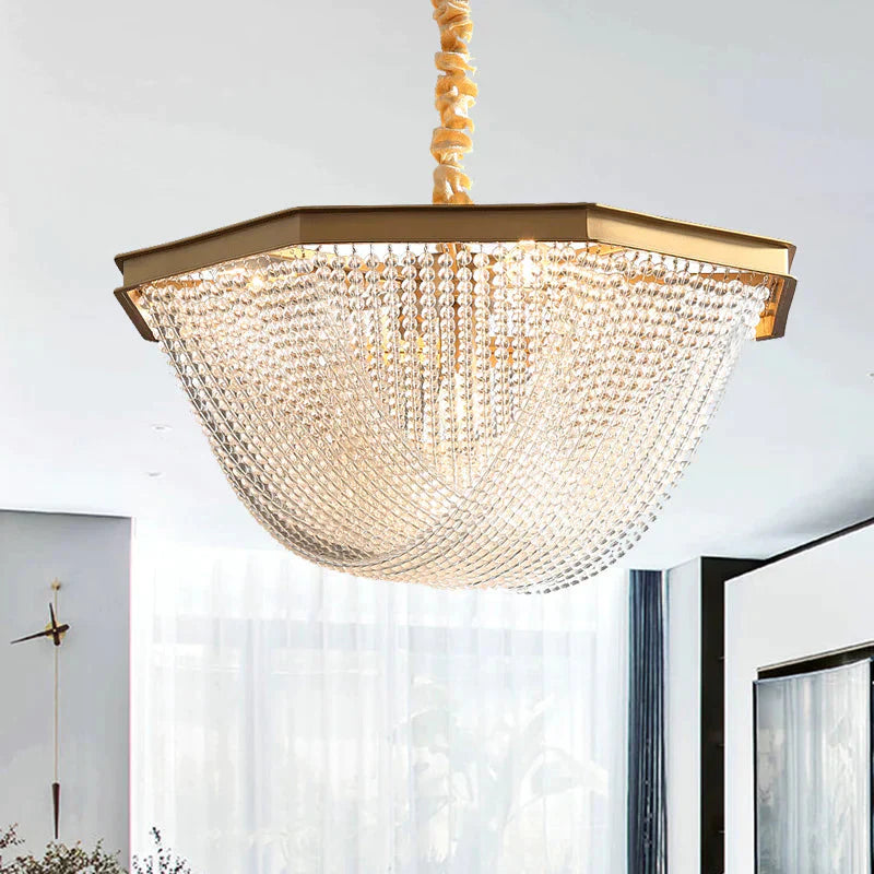 Dome Chandelier Lighting Fixture Postmodern Crystal Strand 5/6 Lights Gold Hanging Lamp