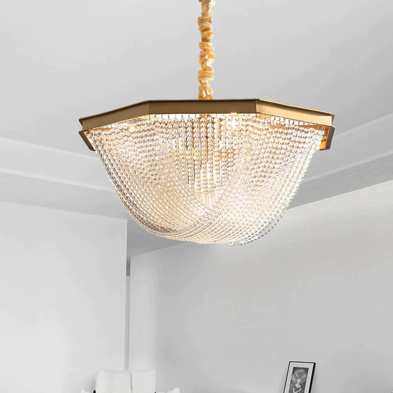 Dome Chandelier Lighting Fixture Postmodern Crystal Strand 5/6 Lights Gold Hanging Lamp