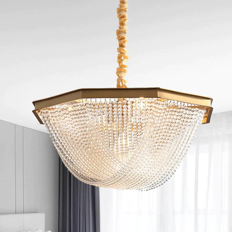 Dome Chandelier Lighting Fixture Postmodern Crystal Strand 5/6 Lights Gold Hanging Lamp