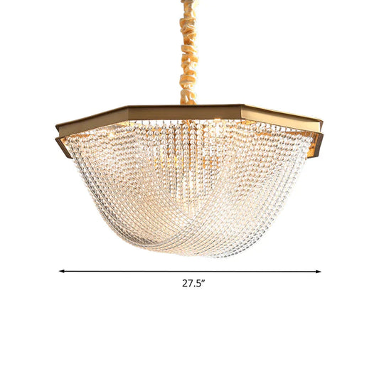 Dome Chandelier Lighting Fixture Postmodern Crystal Strand 5/6 Lights Gold Hanging Lamp