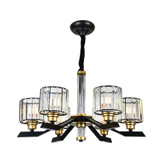 Tri - Sided Crystal Rod Cylinder Pendant Lighting Contemporary 6/8 Heads Black Hanging Chandelier
