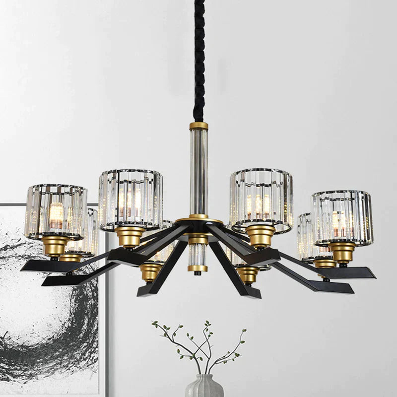 Tri - Sided Crystal Rod Cylinder Pendant Lighting Contemporary 6/8 Heads Black Hanging Chandelier