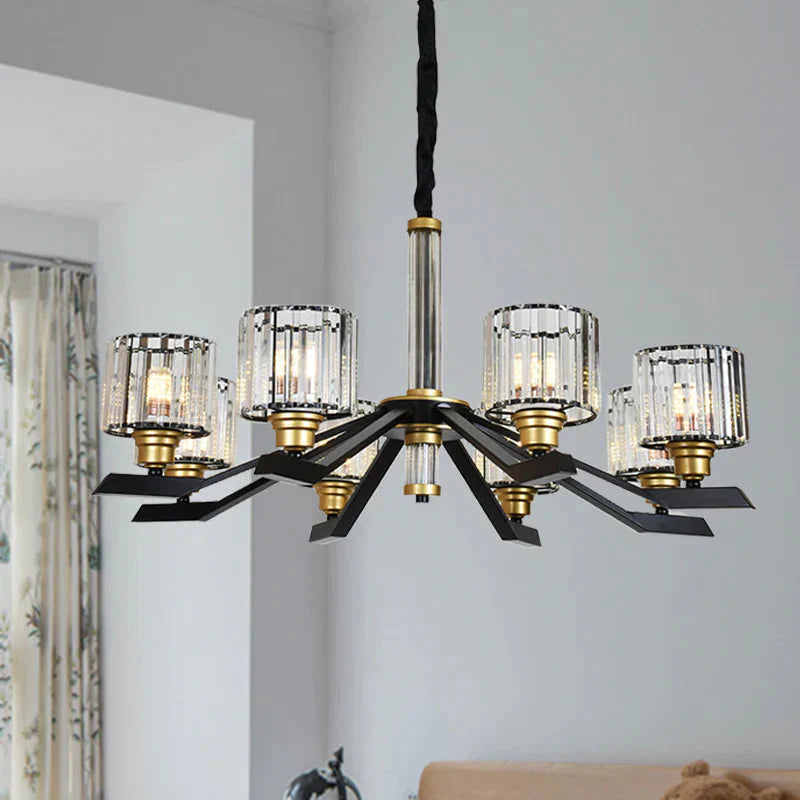 Tri - Sided Crystal Rod Cylinder Pendant Lighting Contemporary 6/8 Heads Black Hanging Chandelier