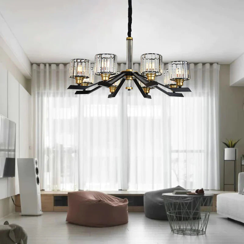 Tri - Sided Crystal Rod Cylinder Pendant Lighting Contemporary 6/8 Heads Black Hanging Chandelier