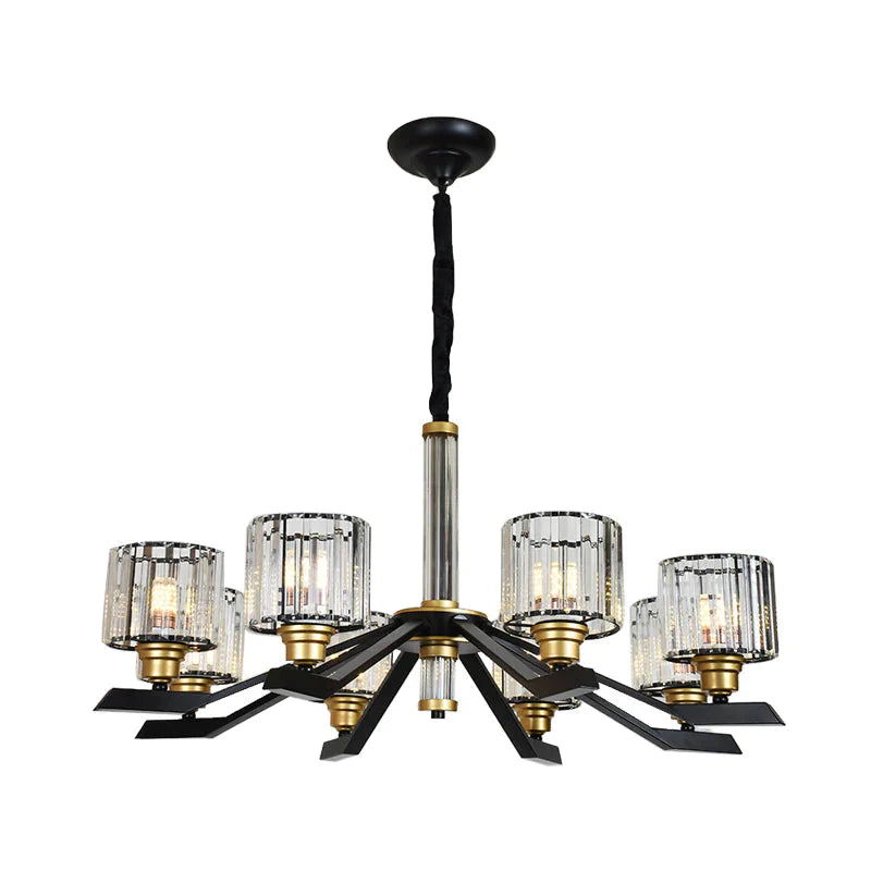 Tri - Sided Crystal Rod Cylinder Pendant Lighting Contemporary 6/8 Heads Black Hanging Chandelier