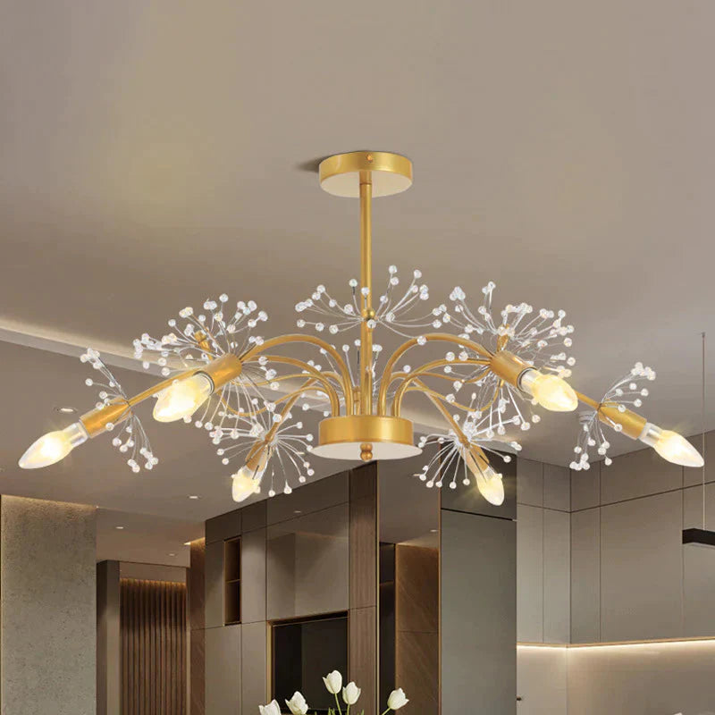 Gold Blossom Hanging Light Kit Postmodern 7 Heads Crystal Chandelier Pendant