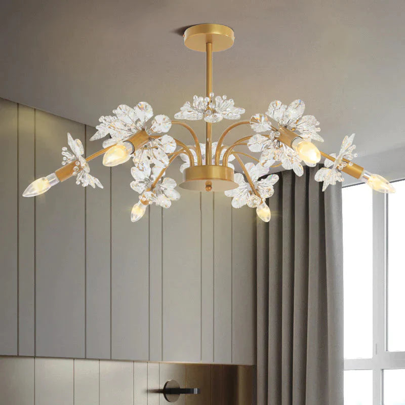 Gold Blossom Hanging Light Kit Postmodern 7 Heads Crystal Chandelier Pendant