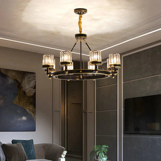 Modernist Cylinder Ceiling Chandelier Clear Crystal 5/6/8 Bulbs Living Room Pendant Lamp In Black