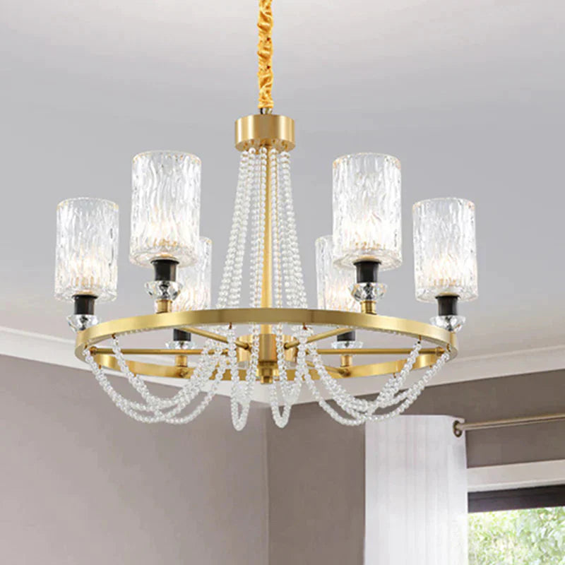 Cylinder Water Glass Pendant Light Simple Style 6 Heads Living Room Chandelier Lighting In Gold