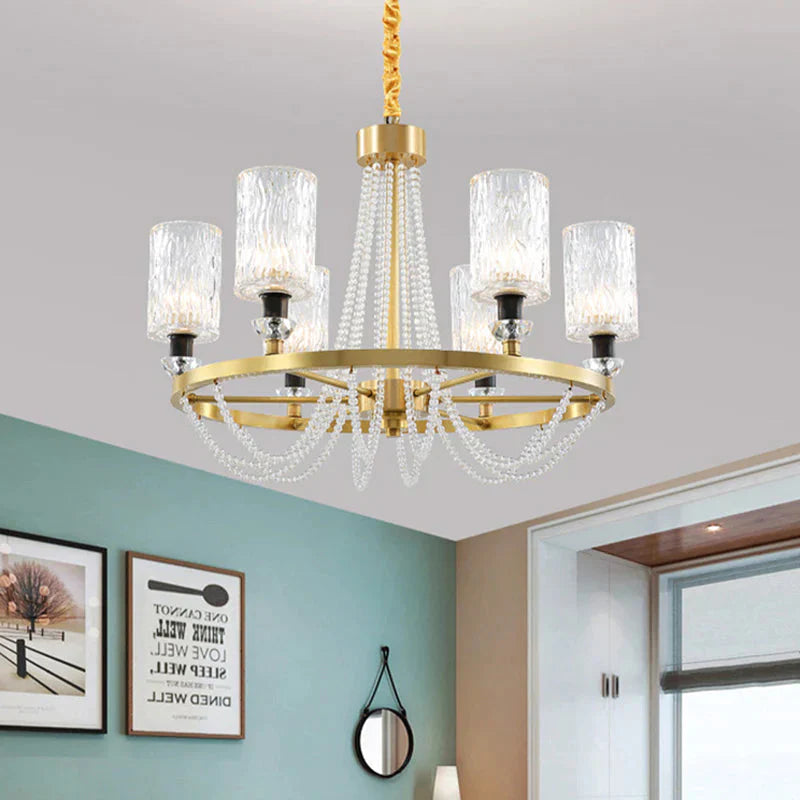 Cylinder Water Glass Pendant Light Simple Style 6 Heads Living Room Chandelier Lighting In Gold