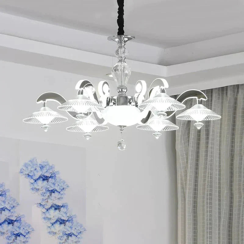 Flared Dining Room Pendant Ceiling Light Simple Ridged Crystal 6 Heads Chrome Hanging Chandelier