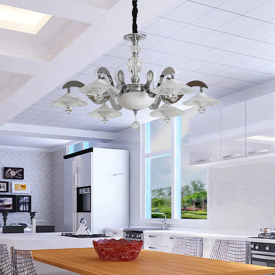 Flared Dining Room Pendant Ceiling Light Simple Ridged Crystal 6 Heads Chrome Hanging Chandelier