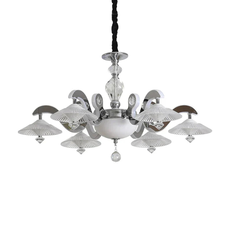 Flared Dining Room Pendant Ceiling Light Simple Ridged Crystal 6 Heads Chrome Hanging Chandelier