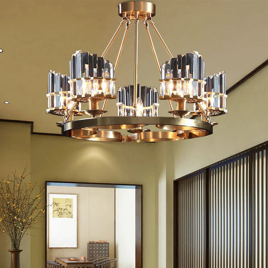 5 Heads Circular Hanging Ceiling Light Modern Gold Tri - Sided Crystal Rod Pendant Chandelier