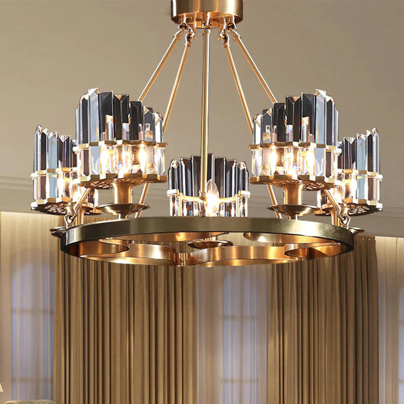 5 Heads Circular Hanging Ceiling Light Modern Gold Tri - Sided Crystal Rod Pendant Chandelier