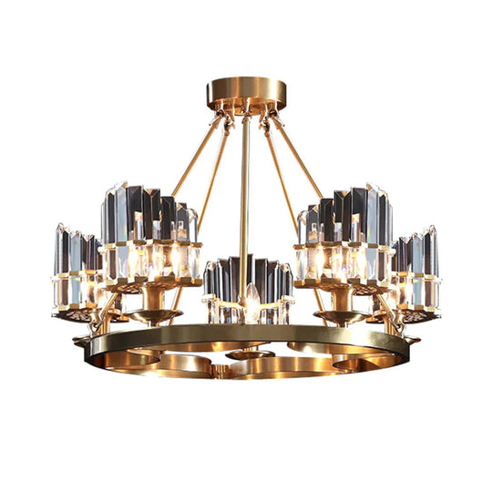 5 Heads Circular Hanging Ceiling Light Modern Gold Tri - Sided Crystal Rod Pendant Chandelier