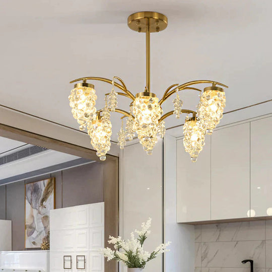 Crystal Beaded Gold Hanging Light Kit Grape Shape 6/8 Heads Bedroom Chandelier Fixture