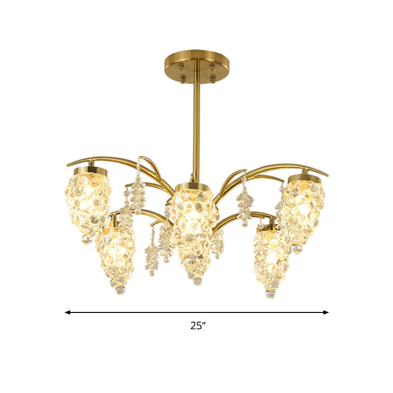 Crystal Beaded Gold Hanging Light Kit Grape Shape 6/8 Heads Bedroom Chandelier Fixture