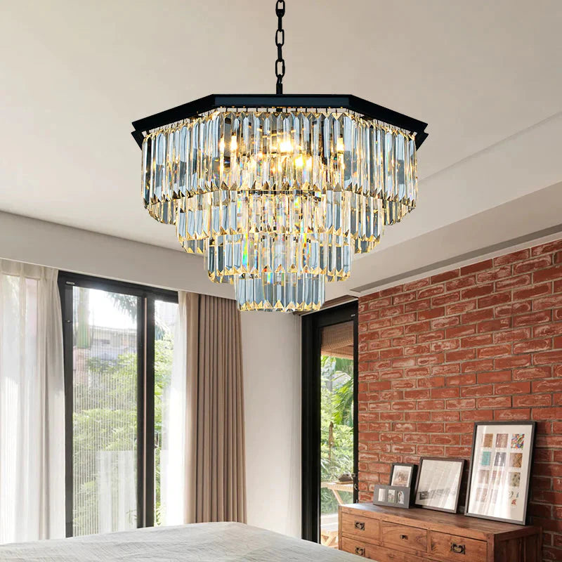 4 Tiers Living Room Suspension Pendant Traditional Clear/Amber Three Sided Crystal Rod 11 Heads